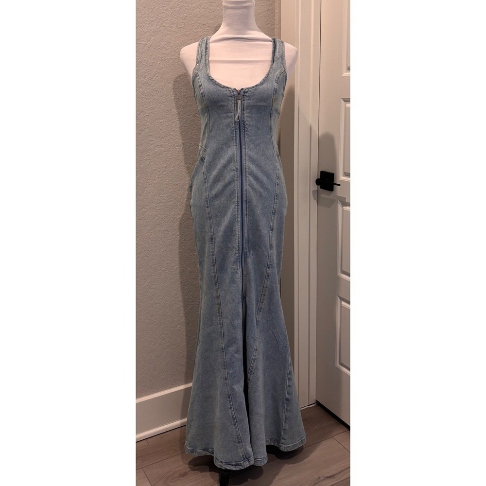 AFRM Kadence Maxi Dress Women XS Light Wash Blue Gold Metallic Finish Mermaid - Picture 4 of 8